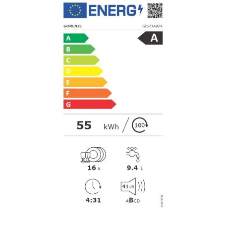 Gorenje 16 ter. A+++-30% Inverteres, WiFi, Öntisztítós, Felső evőeszköztálcás részlegesen beépíthető mosogatógép GI673A92X-30%!