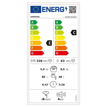 Samsung 8/5 kg Inverter Gőz elöltöltős mosó-szárítógép WD80T4049CE-60%!!